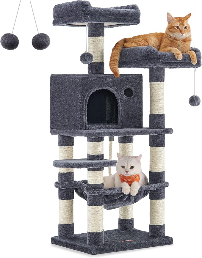 Feandrea Cat Tree, 44.1-Inch Cat Tower for Indoor Cats, Multi-Level Cat Condo with 11 Scratching Posts, 2 Perches, Cave, Hammock, Smoky Gray UPCT215G01