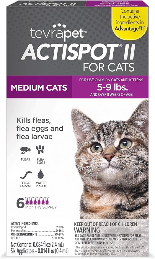 TevraPet Actispot II Flea Treatment for Small and Medium Cats 5-9 lbs | 6 Doses | Powerful Prevention and Control, Clear