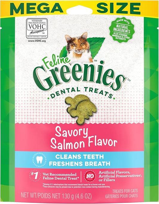 Greenies Feline Adult Natural Dental Care Cat Treats, Savory Salmon Flavor, 4.6 oz. Pouch