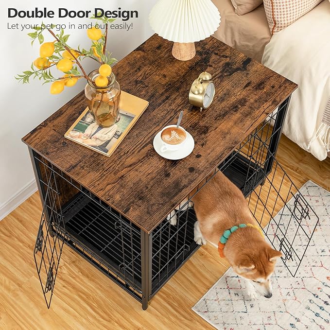 Dog Crate Furniture, Wooden Dog Kennel with Removable Tray, Heavy-Duty Dog Cage for Small/Medium/Large Dogs, Indoor Dog House End Side Table, 31.5" L, Rustic Brown DCHR0201Z