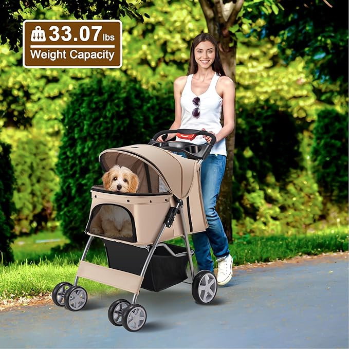 Pet Stroller 4 Wheels Dog Cat Stroller for Medium Small Dogs Cats, Folding Cat Jogger Stroller with Storage Basket & Breathable Mesh, Easy to Walk Travel Carrier, Khaki