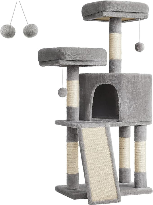 Feandrea Cat Tower, Cat Tree for Indoor Cats, 45.3-Inch Cat Condo with Scratching Post, Ramp, Perch, Spacious Cat Cave, for Kittens, Elderly Cats, Adult Cats, Small Space, Light Gray UPCT141W01