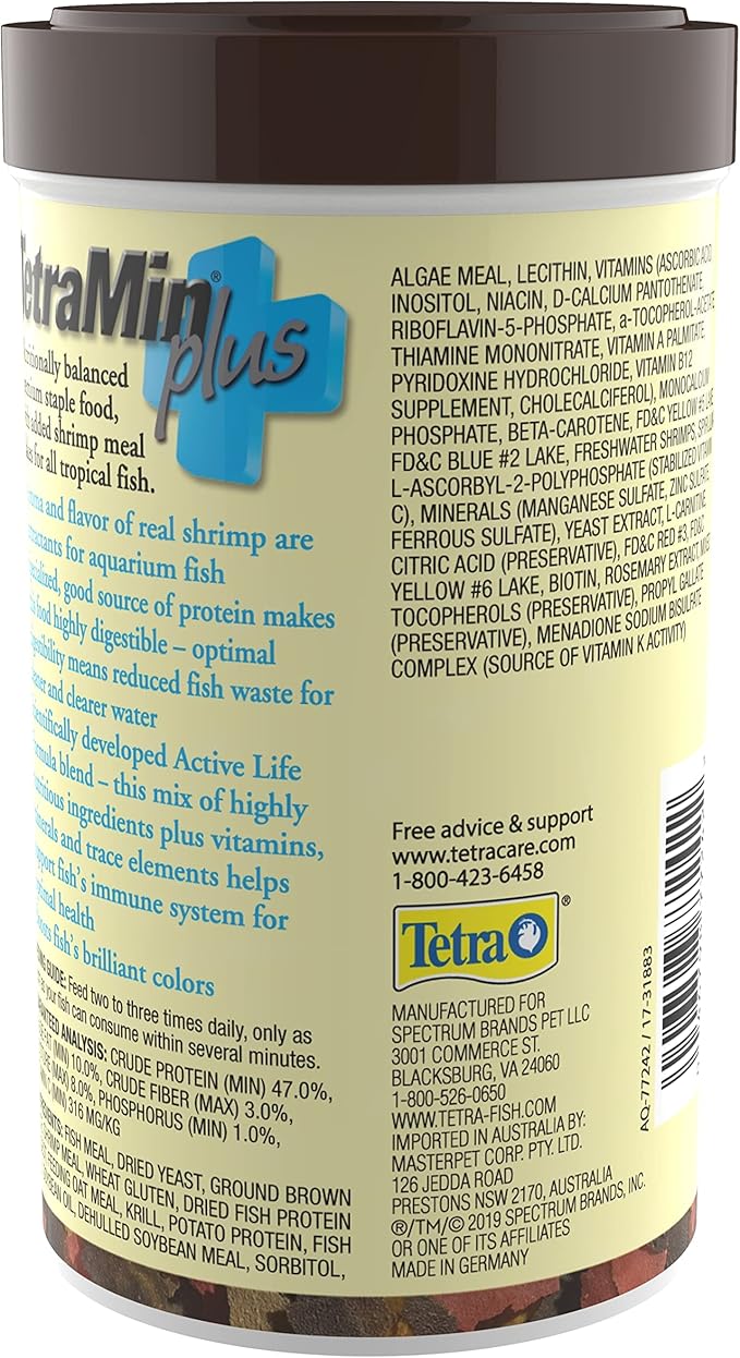 Tetra TetraMin Plus Tropical Flakes 2.2 Ounces, Nutritionally Balanced Fish Food With Added Shrimp