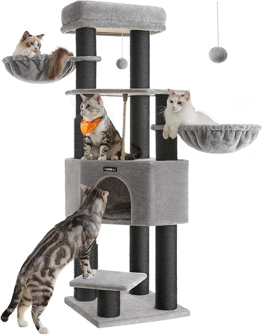 Feandrea Cat Tree for Large Cats, 63-Inch Heavy-Duty Cat Tower with Self-Warming Pads, 2 Self-Groomers, 9 Scratching Posts, Large Perch, Cave, and Baskets, Dove Gray and Black UPCT003W01