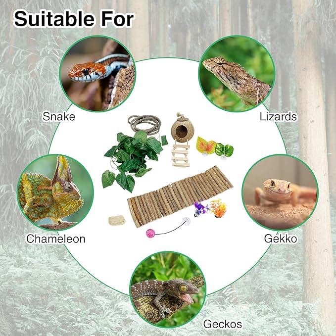 Hamiledyi Leopard Gecko Tank Accessories, Reptile Vines Plants with Coconut Shell Ladder Hideout Hut Hermit Crab Decor for Bearded Dragon Lizard Chameleon Tortoise Snake Play Rest