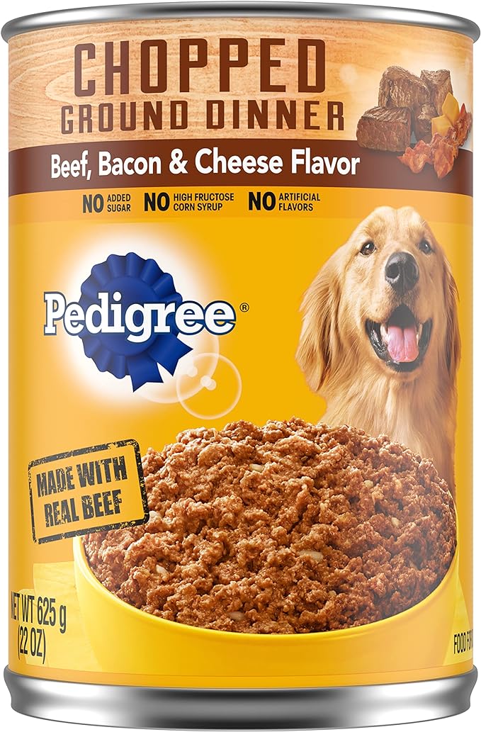 PEDIGREE CHOPPED GROUND DINNER Adult Canned Soft Wet Dog Food Beef, Bacon & Cheese Flavor, 22 oz. Cans (Pack of 12)