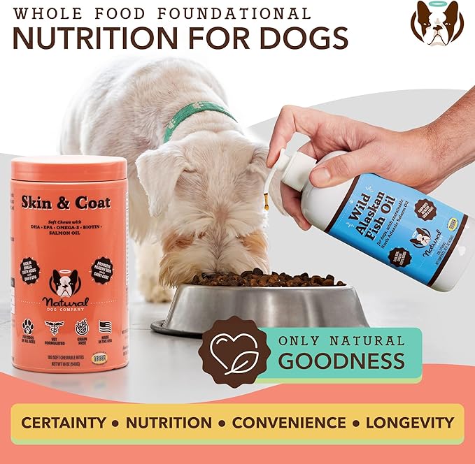 Natural Dog Company Skin & Coat Chews, Salmon & Peas Flavor, Dog Vitamins and Supplements for Healthy Skin & Coat, Itch Relief for Dogs with Allergies, with Biotin, Vitamin E, Omega 3, 180 Count