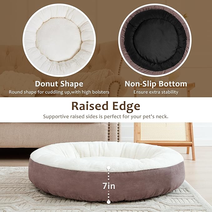 Love's cabin Donut Pet Bed, 25in, Burlwood, for Small Dogs & Cats, Soft Durable Fabric, Anti-Slip, Water-Resistant, Washable