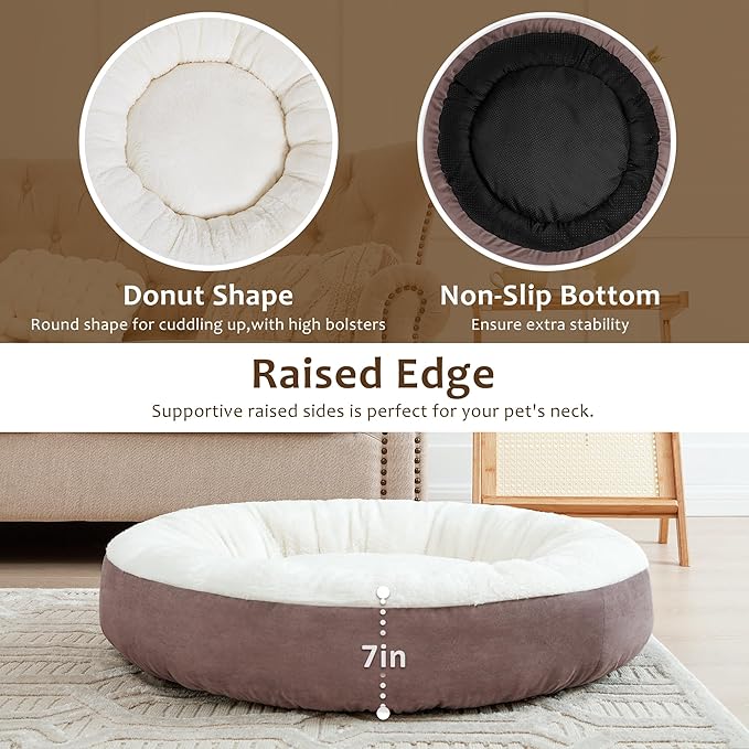 Love's cabin Round Donut Cat and Dog Cushion Bed, 30in Pet Bed for Medium or Large Dogs, Anti-Slip & Water-Resistant Bottom, Soft Durable Fabric Pet beds, Washable Calming Cat & Dog Bed Burlwood