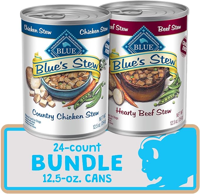 Blue Buffalo Blue's Stew Grain Free Natural Adult Wet Dog Food, Chicken Stew & Beef Stew 12.5-oz can (24 Count- 12 of Each Flavor)