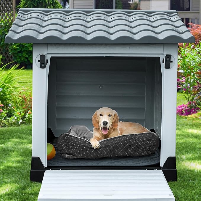 YITAHOME 43.7'' Large Double Door Dog House with Porch & Cushion, Outdoor Plastic Doghouse with Elevated Base, Easy to Install, Water-Resistant Pet House for Medium Large Dogs (43.7''L*33''W*31.6''H)