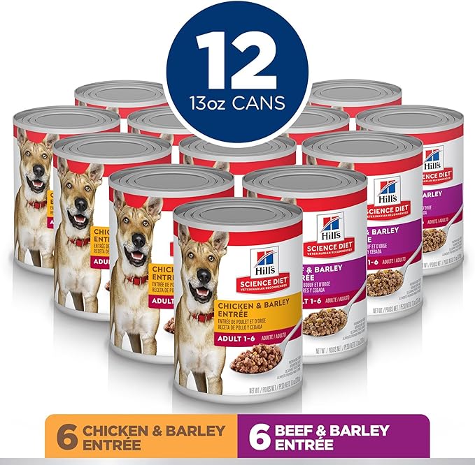 Hill's Science Diet Adult 1-6, Adult 1-6 Premium Nutrition, Wet Dog Food, Variety Case: Chicken & Barley; Beef & Barley Loaf, 13 oz Can Variety Case, Case of 12