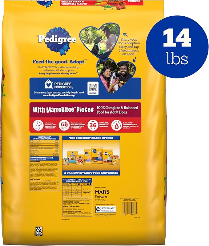 Pedigree with MarroBites Pieces Adult Dry Dog Food, Grilled Steak and Vegetable Flavor, 14 lb. Bag