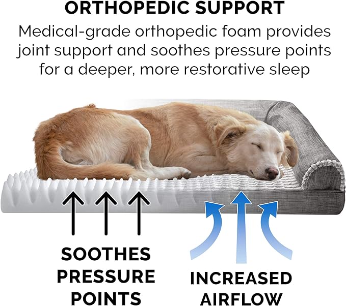 Furhaven Orthopedic Dog Bed for Large Dogs w/ Removable Bolsters & Washable Cover, For Dogs Up to 95 lbs - Luxe Faux Fur & Performance Linen Sofa - Charcoal, Jumbo/XL