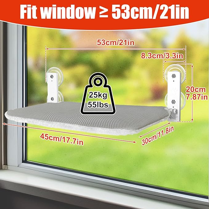 Sunhoo Cat Window Hammock Perch Cordless Perches Window Sill Seat Bed Foldable Stable Lounger Upgraded Suction Cup Easy Assembly Indoor Cats Kitty Shelf Hold Up to 55lbs (light gray, S)