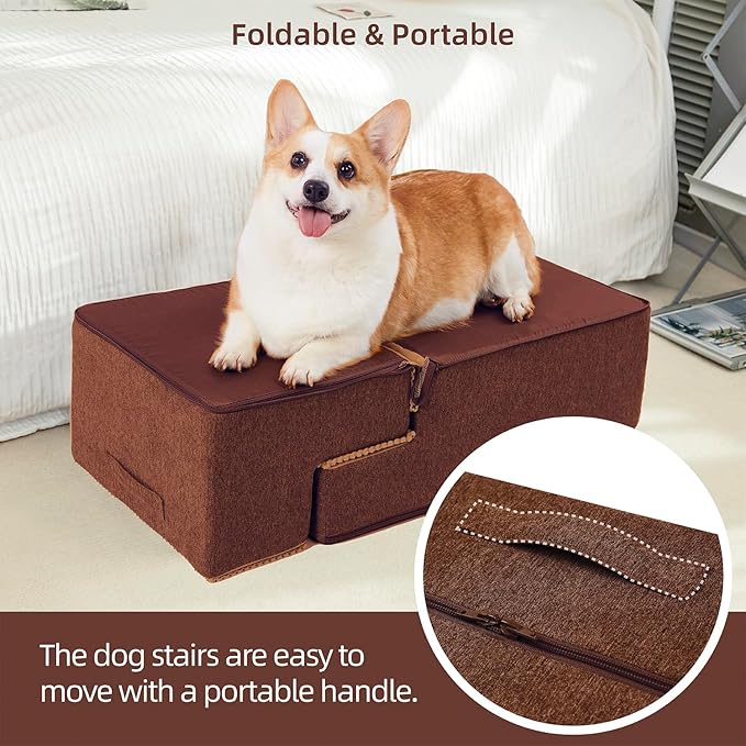 Dog Stairs for Small Dogs - Foam Pet Steps for High Beds and Couch, Non-Slip Folding Dog Steps Portable Pet Stairs for Large Dog and Cats,4 Step, Brown