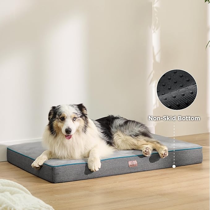 Bedsure Memory Foam Large Plus Dog Bed - Orthopedic Waterproof Dog Bed for Crate with Removable Washable Cover and Nonskid Bottom - Plush Flannel Fleece Top Pet Bed, Grey