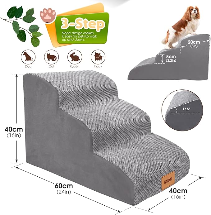 Foam Dog Stairs/Steps, 3 Tiers Pet Ramp/Ladder with Waterproof Cover for Bed Couch Sofa, Non-Slip, Dog Stair for Small Dogs Cats with Old/Injured/Short-Legged, 15.7" H Grey