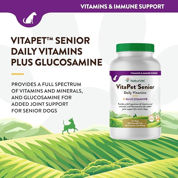 NaturVet VitaPet Senior Daily Vitamins Plus Glucosamine, Dog Multivitamin Supplement, Chewable Tablets, Time Release, Made in The USA with Globally Source Ingredients 180 Count