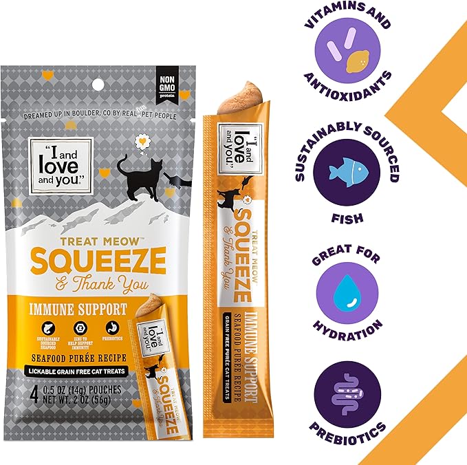 I AND LOVE AND YOU Treat Meow Lickable Cat Treat Variety Pack - Chicken, Tuna, and Seafood Puree - Squeeze Treat, 0.5oz, 4ct
