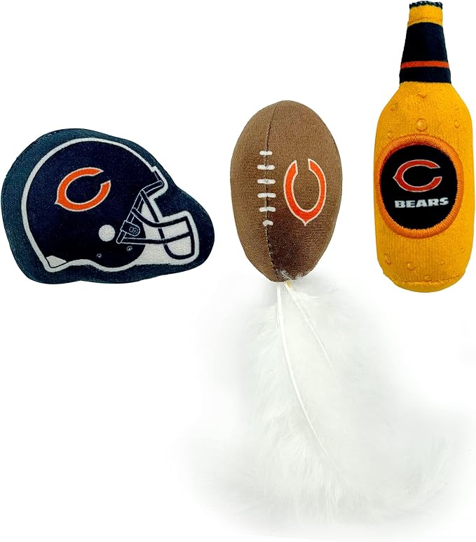 BEST PLUSH CAT TOY - NFL CHICAGO BEARS Complete Set of 3 piece Cat Toys filled with Fresh Catnip. Includes: 1 Helmet Cat Toy, 1 Football Cat Toy with Feathers & 1 Beer Bottle. Beautiful Team LOGOS