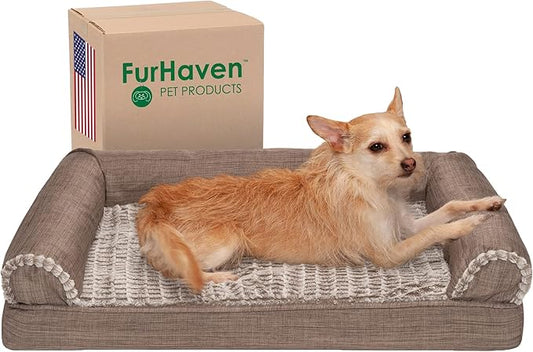 Furhaven Orthopedic Dog Bed for Medium/Small Dogs w/ Removable Bolsters & Washable Cover, For Dogs Up to 35 lbs - Luxe Faux Fur & Performance Linen Sofa - Woodsmoke, Medium