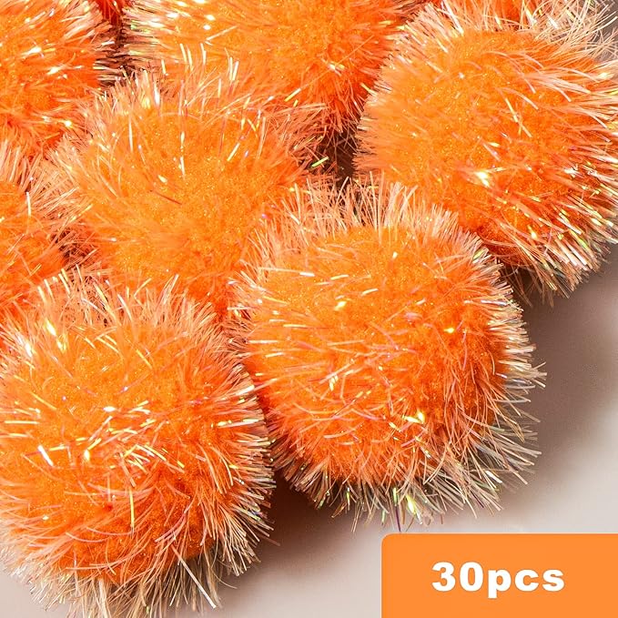 30 Pcs Cat Ball Toys Sparkle Balls Extra Large 2 Inch Cat's Favorite Chase Glitter Ball Glitter Tinsel Pom Poms Balls Orange Color