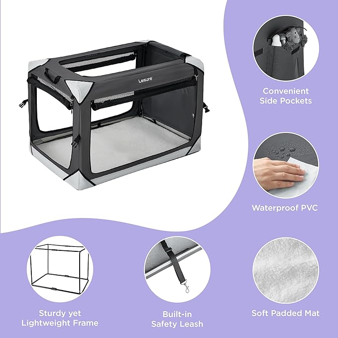 Lesure Collapsible Dog Crate - Portable Dog Travel Crate Kennel for Large Dog, 4-Door Pet Crate with Durable Mesh Windows, Indoor & Outdoor (Charcoal Gray)