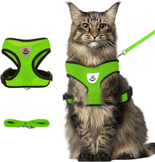 Summer cat Chest Harness and Leash, Anti-Escape Adjustable Soft mesh cat Leash and Chest Harness Set for All Types of Cats cat Vests (Size XL,Green)