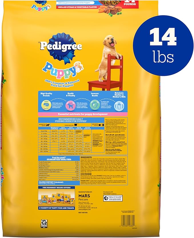 Pedigree Puppy Growth & Protection Dry Dog Food Grilled Steak & Vegetable Flavor, 14 lb. Bag