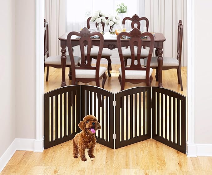 PAWLAND Wooden Freestanding Foldable Pet Gate for Dogs, 24 inch 4 Panels Step Over Fence, Dog Gate for The House, Doorway, Stairs, Extra Wide (Espresso, 24" Height-4 Panels)