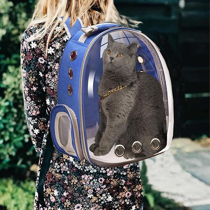 Cat Backpack Carrier, Pet Cat Carrier with Ventilated Design for Carrying Puppy Cats, Pet Carrier Back Pack Bag Space Capsule for Traveling/Hiking/Camping/Outdoors (Blue)