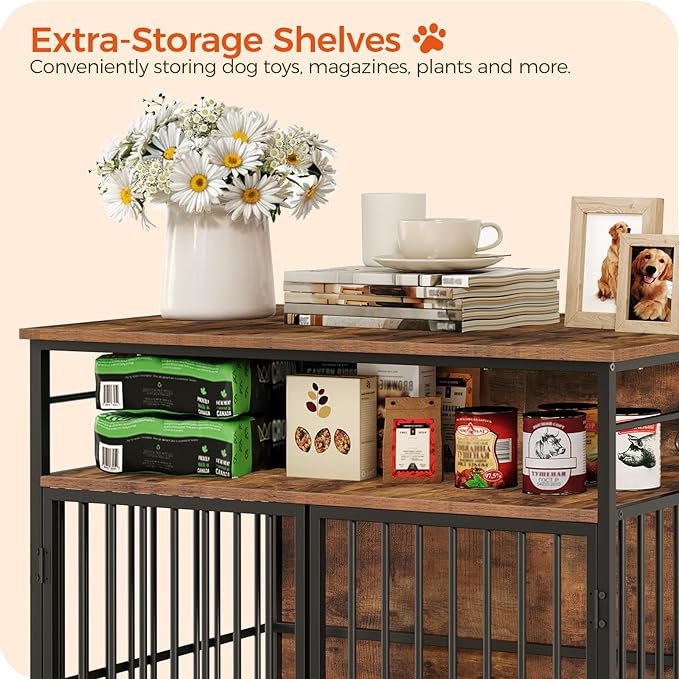 Large Dog Crate Furniture, 38.6" Heavy Duty Dog Kennel with Bowls & Storage Shelf, Wooden Dog Cage End Side Table for Small/Medium/Large Dogs, Chew-Resistant, Rustic Brown DCHR10901