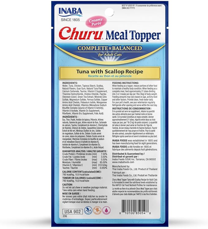 INABA Churu Meal Topper for Cats, Complete & Balanced, Creamy, Lickable Purée Cat Food Topper, 0.5 Ounce Tube, 24 Tubes (4 per Pack), Tuna with Scallop Recipe