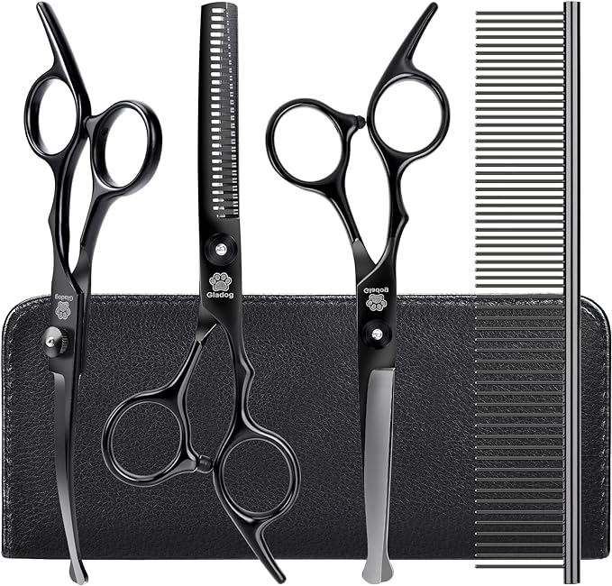 Dog Grooming Scissors Kit with Safety Round Tips, GLADOG Professional 5 in 1 Grooming Scissors for Dogs