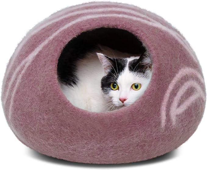 MEOWFIA Premium Felt Cat Bed Cave - Handmade 100% Merino Wool Bed for Cats and Kittens (Light Shades) (Large, Pink)