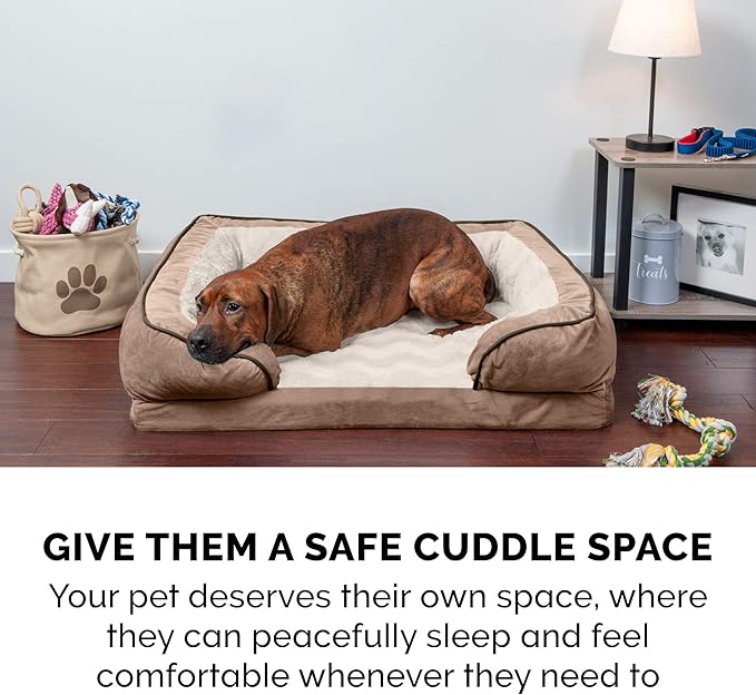 Furhaven Memory Foam Dog Bed for Large/Medium Dogs w/ Removable Bolsters & Washable Cover, For Dogs Up to 55 lbs - Plush & Velvet Waves Perfect Comfort Sofa - Brownstone, Large