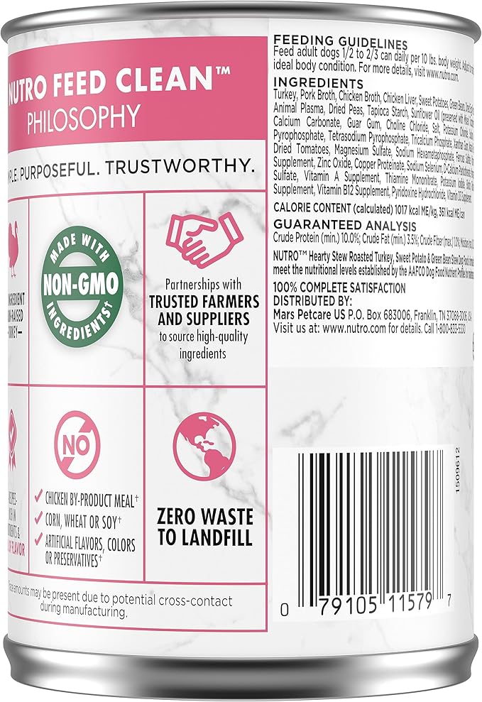 NUTRO HEARTY STEW Adult Natural Grain Free Wet Dog Food Cuts in Gravy Roasted Turkey, Sweet Potato & Green Bean Stew (12) 12.5 oz Cans