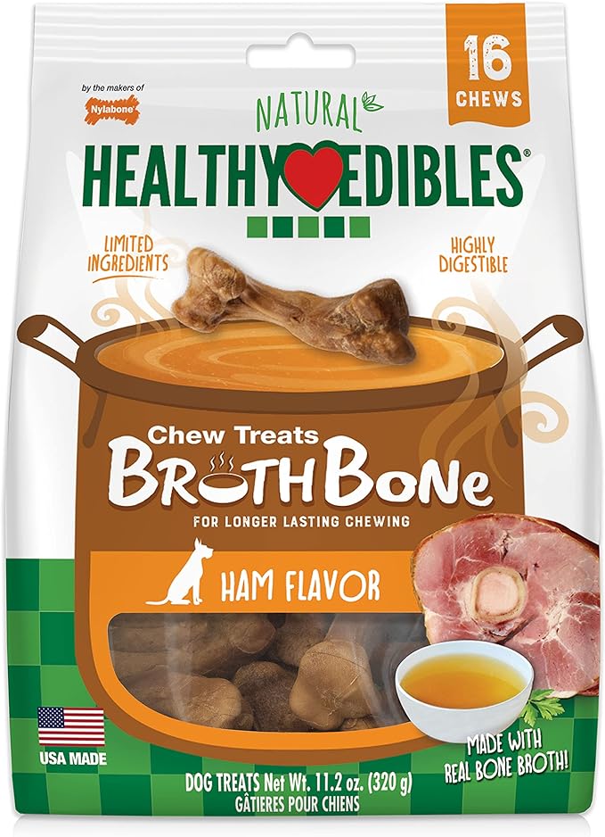 Nylabone Healthy Edibles Natural Dog Chews Long Lasting Ham Flavor Treats for Dogs, Small/Regular (16 Count)