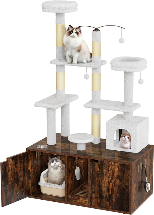 YITAHOME 71 Inch Cat Tree with Double Cat Litter Box Enclosure, Litter Box Furniture Hidden for 2 Cats, All-in-one Litter Box Furniture with Cat Tower Condo Food Station and Large Platform, Brown