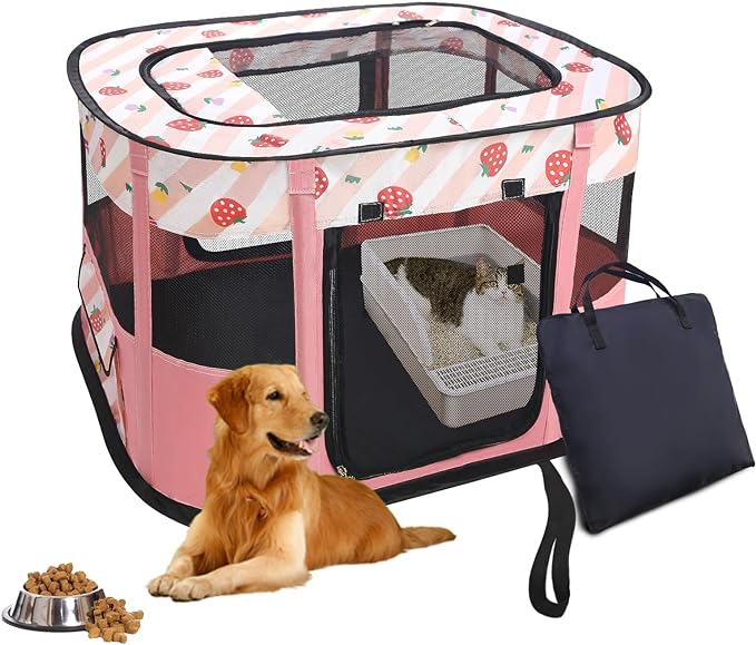 Dog and CAT pop Play Pen,Pets Houses for Dogs and Cats,Indoor&Outdoor Exercise Pen Dog Tent Puppy Playground Large (L, Pink)