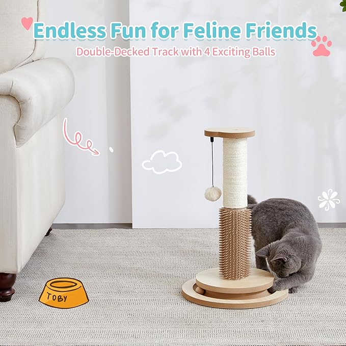 Made4Pets Cat Scratching Post 18" Tall for Small Kittens, 4-in-1 Cat Scratcher with Natural Sisal Ropes, Wooden Turntable Track Toy with Self Grooming Brush, Premium Scratch Pole with Plush Balls