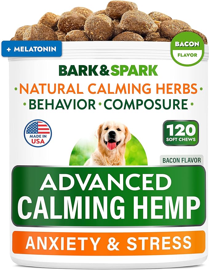 BARK&SPARK Advanced Calming Hemp Treats for Dogs - Hemp Oil + Melatonin - Anxiety Relief - Separation Aid - Stress Relief During Fireworks, Storms, Thunder - Aggressive Behavior, Barking - 120 Chews