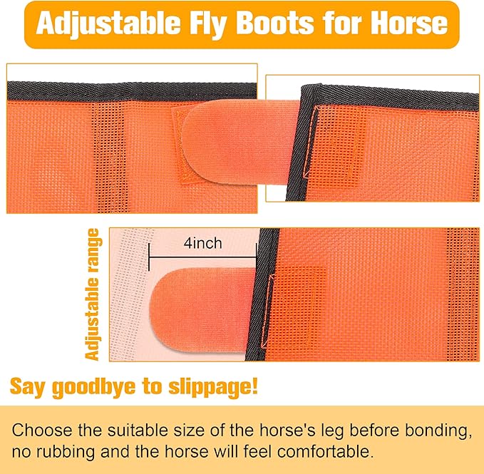 Fly Boots for Horses Set of 4 with Horse Fly Mask, Adjustable Horse Fly Boots Stops Stomping Fly Leg Wraps for Horses, Horse Leg Fly Protectors Breathable Fly Masks for Horses with Ears (Orange)