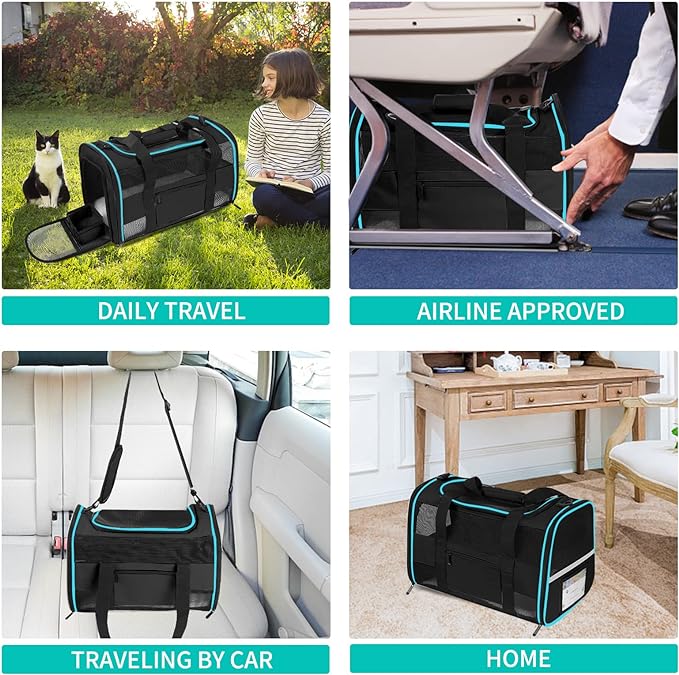 Cat Carrier Pet Carrier Airline Approved for Small Dogs Cats Puppies Collapsible Soft Sided Dog Travel Carrier Bag with Reflective Strip, Black