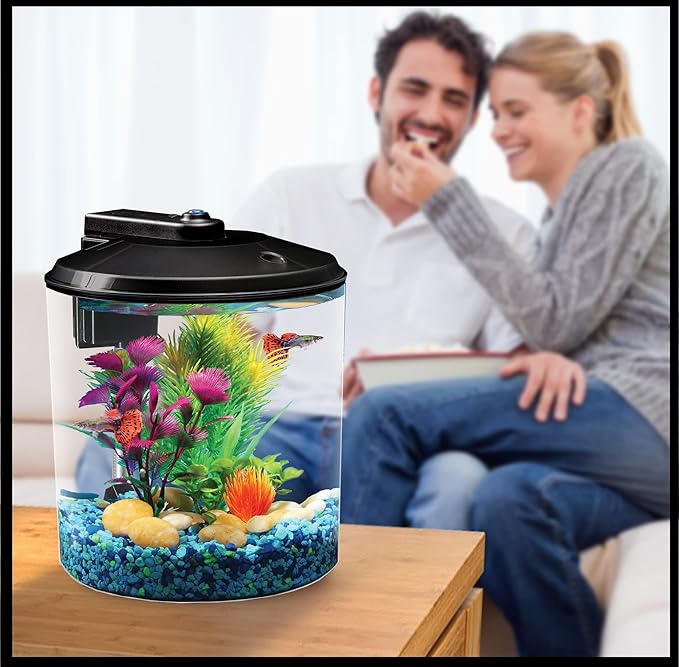 Koller Products AquaView 2-Gallon Plastic 360 Aquarium with Power Filter & LED Lighting for Tropical Fish - Betta Fish