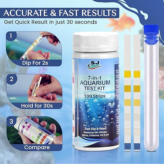 Aquarium Water Test Kit – 7 in 1 Fish Tank Water Testing Kit & eBook – Contains 100 Aquarium Test Strips & 1 Fish Tank Thermometer - Aquarium Test Kit Freshwater - Pond Water Test Kit