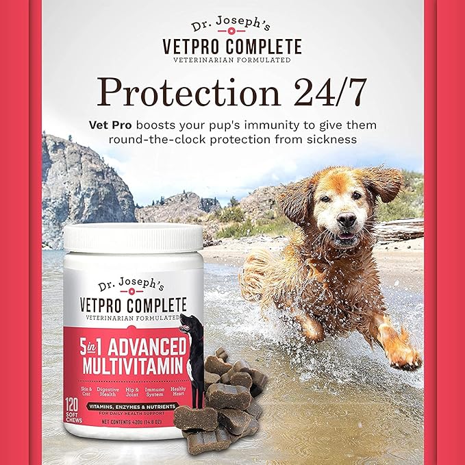 VetPro Dog Vitamins and Supplement Soft Chews with Probiotics, 120 Count, 5 in 1 Chewable Multivitamin for Puppy to Senior with Glucosamine for Hip and Joint Health, Immune System and Allergy Support