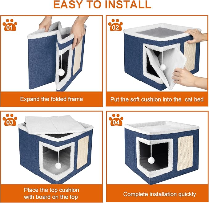 Cat Houses for Indoor Cats - Large Cat Bed Cave for Cat House with Scratch Pad and Fluffy Ball, Foldable Cat Hideaway with Reversible Cushion Cat Condo for Multi Small Pet, Navy Blue