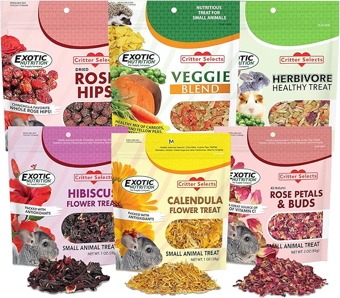 Exotic Nutrition Herbivore Treats 6 Pack - Healthy Assortment Small Animal Pet Treat - Squirrels, Guinea Pigs, Rabbits, Chinchillas, Prairie Dogs, Degus, Hamsters, Gerbils, Herbivores